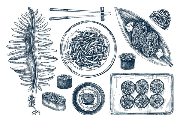 手工绘制的觉醒草图集 在白色背景上孤立的食用海草绘图 海蔬菜病媒图解 日本菜式 健康食品配料的雕刻风格 — 图库矢量图片