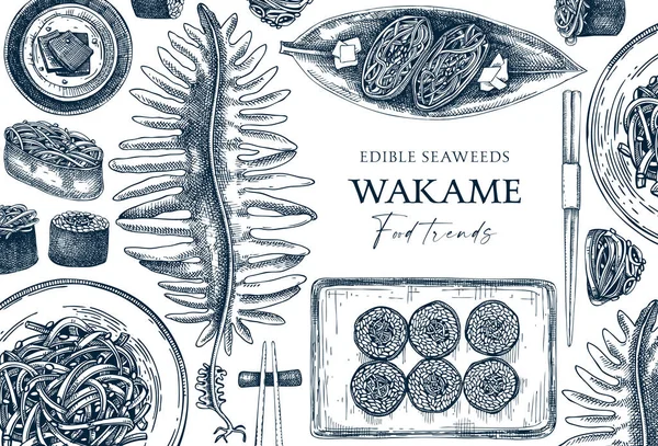 Yenilebilir deniz yosunu arka planı. Robot resim şeklinde el çizimi Wakame tasarımı. Deniz sebzeleri vektör çizimleri. Japon yemek menüsü. Sağlıklı besin malzemeleri, klasik afiş şablonu