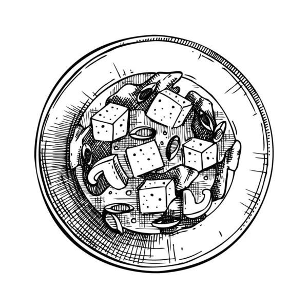 Cuenco Dibujado Mano Con Sopa Miso Con Algas Kombu Tofu — Archivo Imágenes Vectoriales
