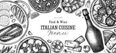  İtalyan yemekleri ve içecekler vektör geçmişi. Elle çizilmiş pizza, makarna, sucuk, risotto ve konserve balık çerçevesi. Akdeniz mutfağı malzemeleri çizimleri. Klasik restoran menüsü tasarım şablonu. 