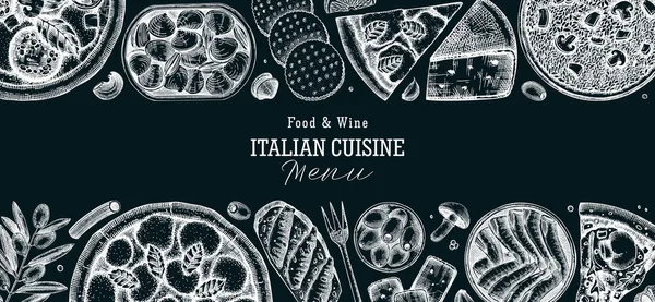 Χειροποίητη Πίτσα Ζυμαρικά Και Ριζότο Πανό Μαυροπίνακα Ιταλική Κουζίνα Διάνυσμα — Διανυσματικό Αρχείο