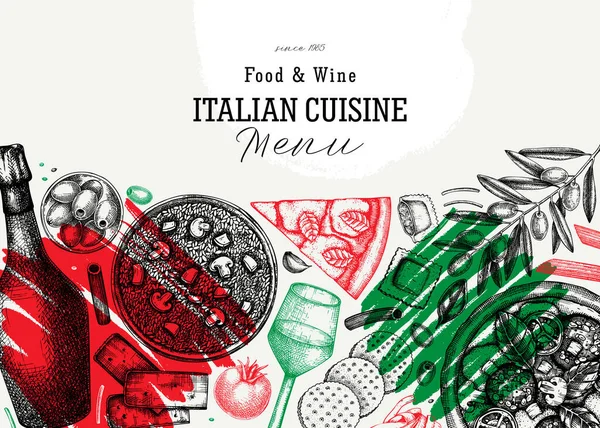 Χειροποίητη Πίτσα Ζυμαρικά Prosecco Ριζότο Πανό Στυλ Κολάζ Ιταλικό Φαγητό — Διανυσματικό Αρχείο