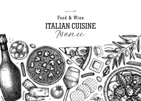 Elle Çizilmiş Pizza Makarna Prosecco Risotto Pankartı Talyan Yemekleri Içecekler — Stok Vektör