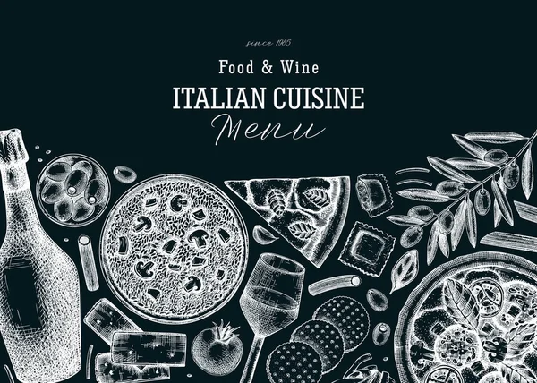 Χειροποίητη Πίτσα Ζυμαρικά Prosecco Λάβαρο Ριζότο Μαυροπίνακα Ιταλικό Φαγητό Και — Διανυσματικό Αρχείο