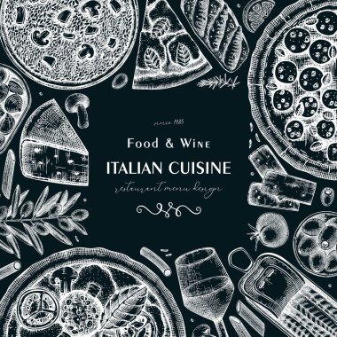  İtalyan mutfak çerçevesi tasarımı tahtada. Elle çizilmiş pizza, makarna, mantarlı risotto ve kanepe. Eskiz tarzında Akdeniz gıda vektör arkaplanı 