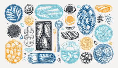 Renkli deniz ürünleri çizimleri. El çizimi konserve balık çizimleri. Sardalya, ançüez, uskumru, ton balığı, teneke kutuda midye, balık kanepesi, zeytin, kraker koleksiyonu. Gıda vektörü resimleme seti