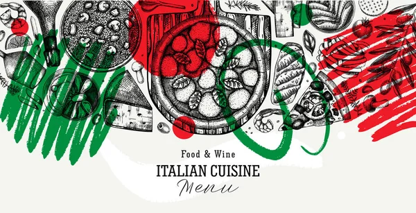 Cocina Italiana Vector Fondo Banner Pizza Pasta Risotto Dibujado Mano — Vector de stock