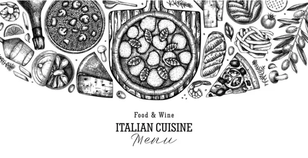 Pizza Dibujada Mano Pasta Risotto Vector Fondo Frontera Cocina Italiana — Archivo Imágenes Vectoriales
