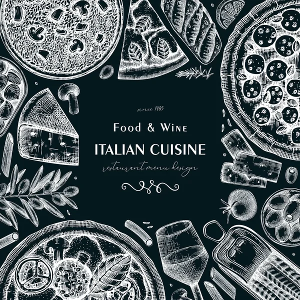 Diseño Marco Cocina Italiana Pizarra Pizza Dibujada Mano Pasta Risotto — Archivo Imágenes Vectoriales