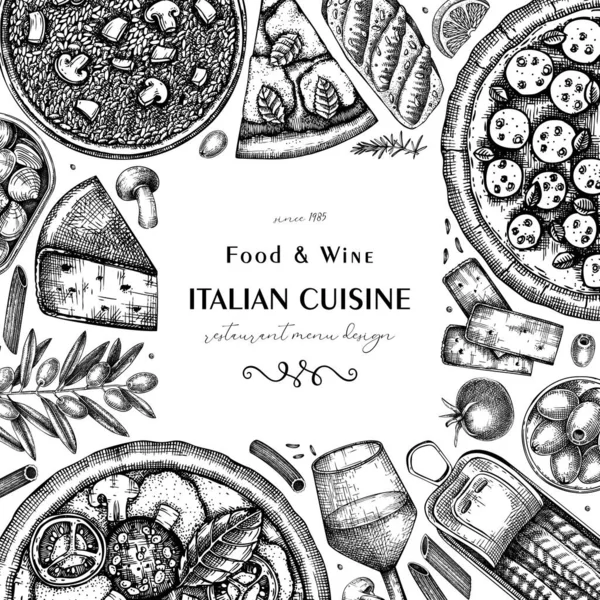 Diseño Marco Cocina Italiana Estilo Boceto Pizza Dibujada Mano Pasta — Vector de stock