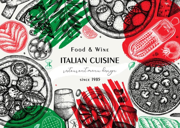 Cocina Italiana Fondo Artístico Marco Pizza Pasta Risotto Dibujado Mano — Archivo Imágenes Vectoriales