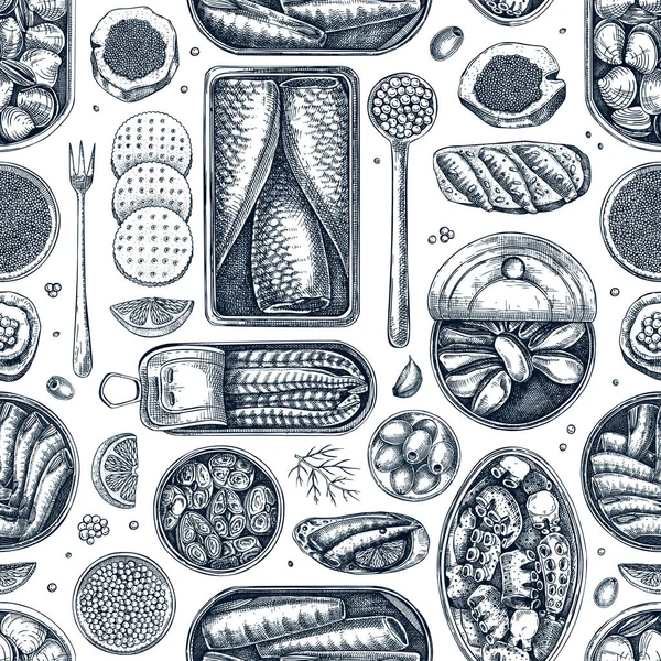 Морепродукти Фону Безшовний Візерунок Рибою Намальованою Вручну Сардинії Анчоуси Скумбрії — стоковий вектор