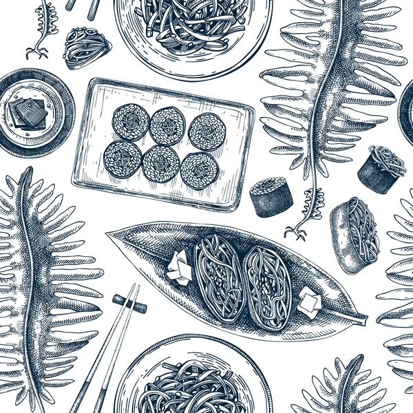 食用海藻病媒背景 健康食品趋势无缝模式 手绘唤醒海藻背景 海蔬菜和海藻图解 日本料理餐厅菜单设计或质感 — 图库矢量图片