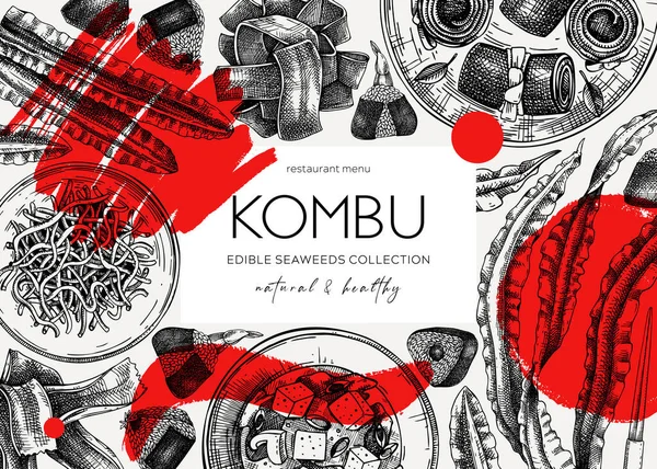 Collage Style Kombu Banner Design Edible Seaweed Drawings Hand Drawn — Stock Vector