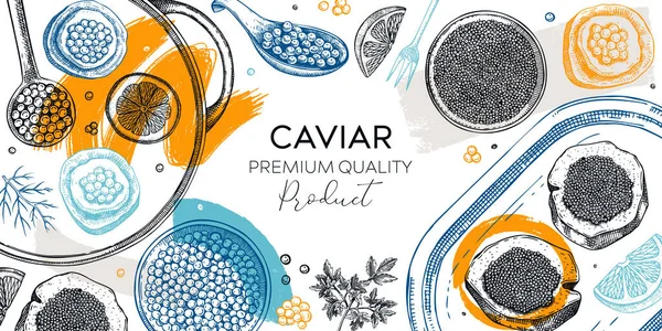 Quadro Prato Frutos Mar Estilo Colagem Canapé Caviar Vermelho Lata — Vetor de Stock