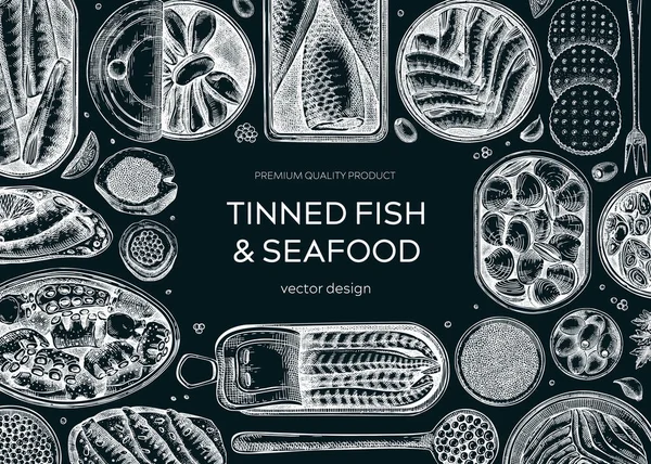 Gestell Aus Fischkonserven Auf Kreidetafel Meeresfrüchte Hintergrund Mit Handgezeichneten Sardinen — Stockvektor