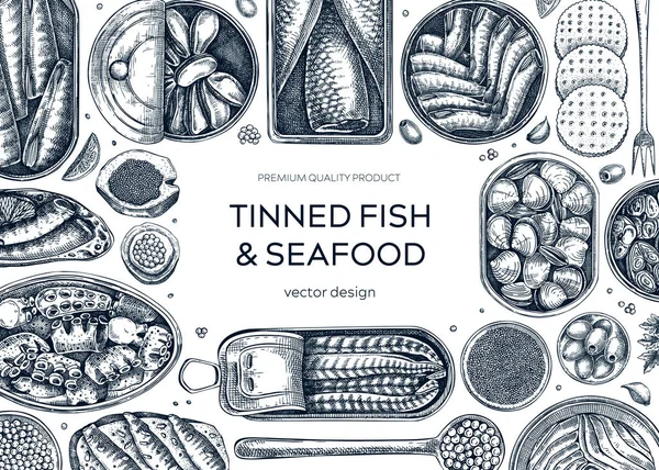 Desain Rangka Ikan Kaleng Latar Belakang Makanan Laut Dengan Ikan - Stok Vektor
