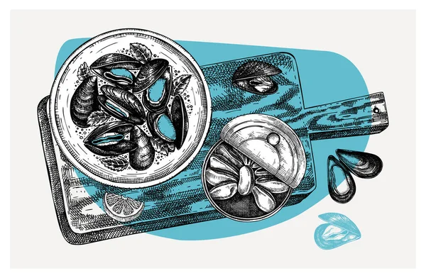 盘中附有香草的煮贻贝 贝类和海鲜餐厅的设计元素 手工绘制的贻贝草图在古埃及背景下被分离出来 邀请函 — 图库矢量图片
