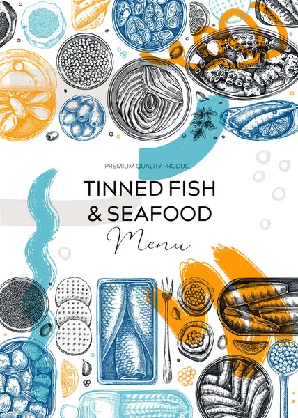 Collage Style Tinned Fish Card Flyer Trendy Design Seafood Background — Stock Vector
