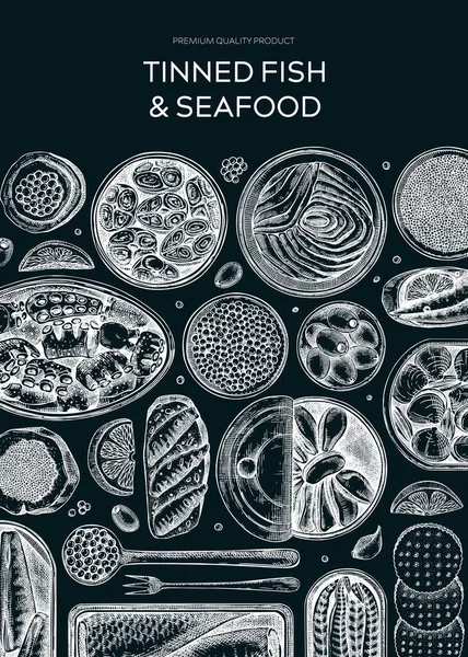 Fischkonserven Etikett Design Auf Kreidetafel Meeresfrüchte Hintergrund Mit Handgezeichneten Sardinen — Stockvektor