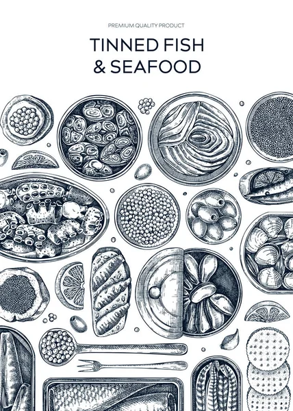Desain Bingkai Labei Kaleng Latar Belakang Makanan Laut Dengan Sarden - Stok Vektor