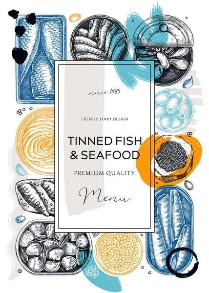 コラージュスタイルの缶詰魚のフレームデザイン 手描きのイワシ カタクチイワシ マグロ ムール貝を錫の缶絵で描いた魚介類の背景 魚のスケッチや抽象的な形状の健康食品 — ストックベクタ