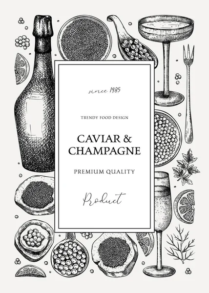 Caviar Champagne Vintage Illustration Hand Drawn Frame Red Caviar Canape — Stock Vector