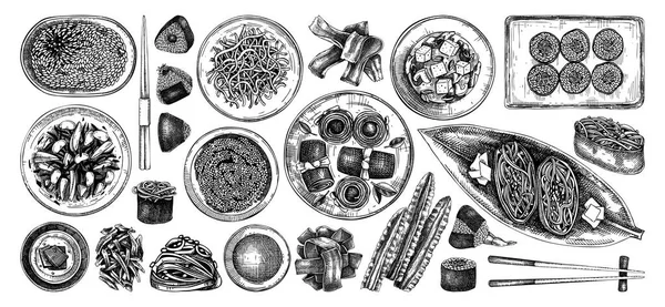 Χειροποίητη Υγιής Συλλογή Διανυσματικών Απεικονίσεων Τροφίμων Βρώσιμα Πιάτα Φύκια Μπολ — Διανυσματικό Αρχείο