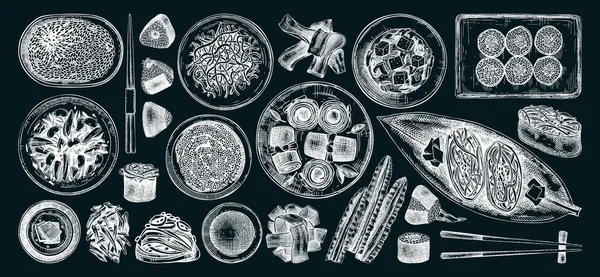 手描きのヘルシーなフードベクトルイラスト集 白を基調とした器の中で 海苔料理が楽しめます アジア料理メニューのデザイン要素 — ストックベクタ