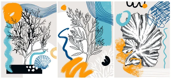 Colagem Estilo Algas Ilustração Vetorial Plantas Subaquáticas Esboçadas Conjunto Banner — Vetor de Stock