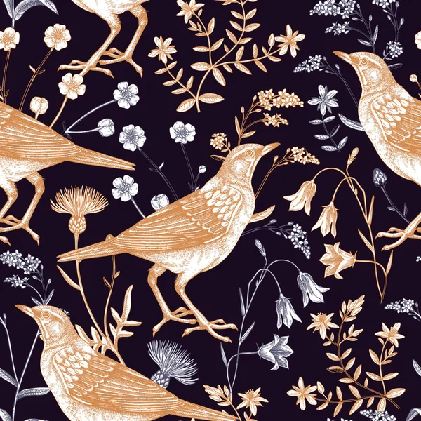 Fondo Verano Patrón Sin Costura Floral Wildflowers Birds Vector Illustration — Vector de stock