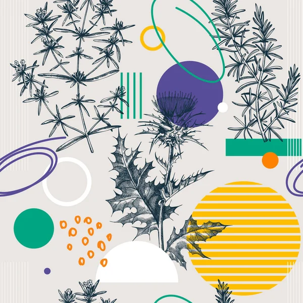 Літній Фон Стилі Колажу Ручні Трави Безшовний Візерунок Модний Дизайн — стоковий вектор