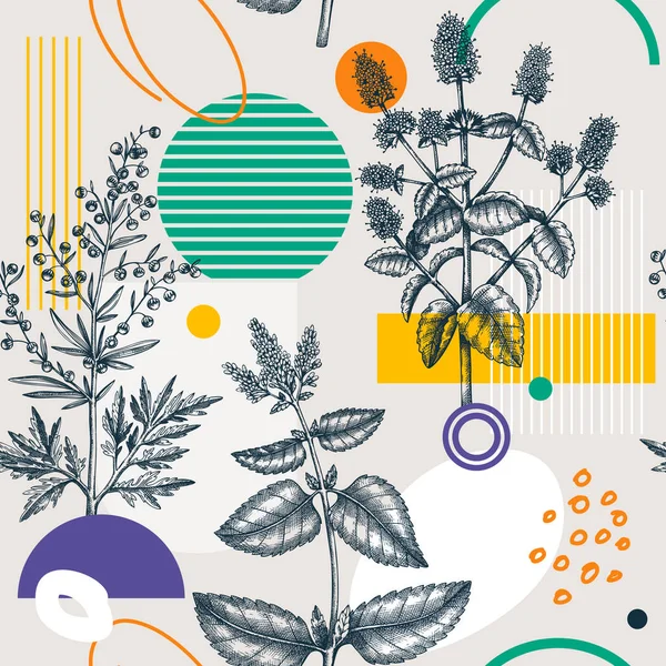 学院风格的夏季背景 手绘草本无缝图案 具有植物草图和几何形状的时髦设计 织物和包装纸用精致花朵 — 图库矢量图片