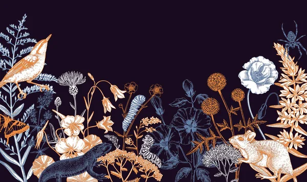 Design Été Dans Style Esquissé Dessins Botaniques Fleurs Sauvages Herbes — Image vectorielle