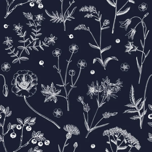 Summer Background Flowers Berries Wildflowers Seamless Pattern Sketch Style Herbs — Stock Vector