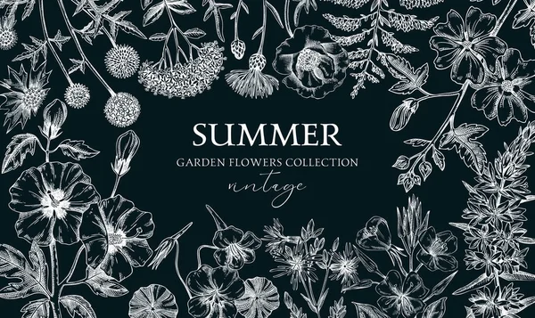 夏の背景を描いた手 庭の花のフレームのデザインのスケッチスタイルです 黒板に植物イラスト カード ポスター用の花のバナー — ストックベクタ