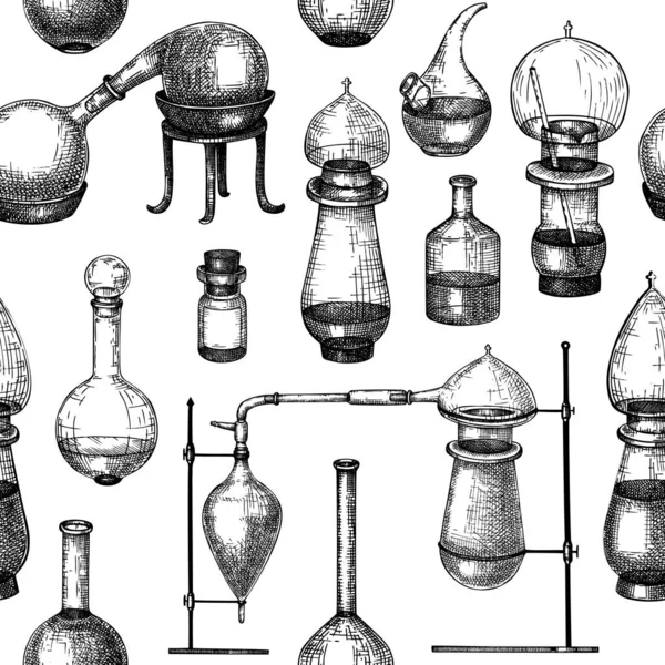 Фон Скляного Обладнання Виробництва Парфумерії Косметики Хімічні Речовини Алхімічний Скляний — стоковий вектор