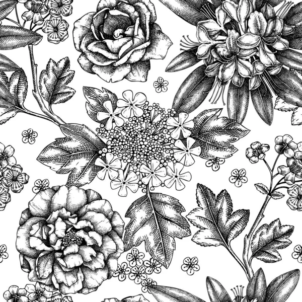 夏の庭はシームレスなパターンを植える ヴィンテージのツツジ バラのスケッチ 手描きの植物要素とベクトル花の背景 包装紙 グリーティングカード バナー 包装用 — ストックベクタ