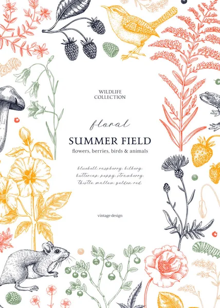 Floral Border Design Farbe Vintage Sommer Hintergrund Tierskizzen Botanische Illustration — Stockvektor