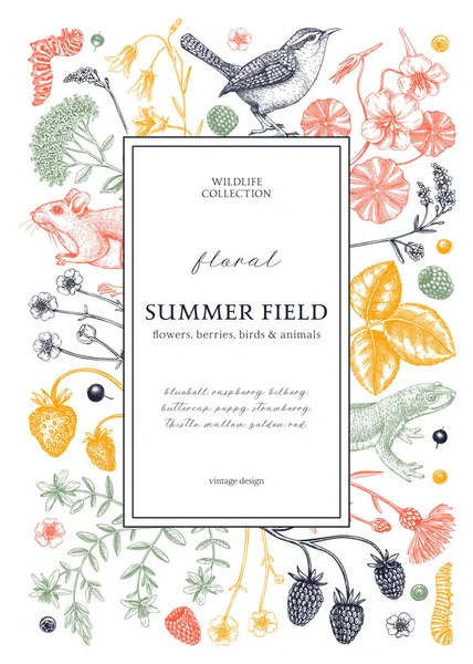 花の花輪のデザインの色 ヴィンテージの夏の背景 野生動物のスケッチ 野生の花植物図 結婚式の招待状 グリーティングカードのための手描きのフィールド花 — ストックベクタ