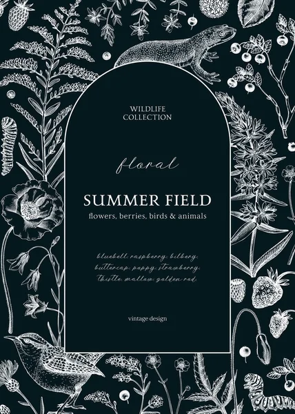 黒板に花柄のデザイン ヴィンテージの夏の背景 野生動物のスケッチ 野生の花植物図 結婚式の招待状 装飾のための手描きのフィールドの花 — ストックベクタ