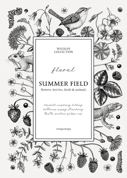 Design Grinalda Floral Estilo Retro Fundo Verão Vintage Desenhos Vida —  Vetores de Stock