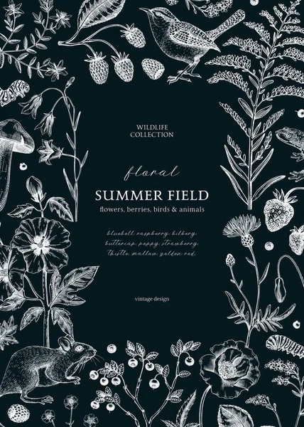 Blumenmuster Retro Stil Vintage Sommer Hintergrund Tierskizzen Auf Kreidetafel Botanische — Stockvektor