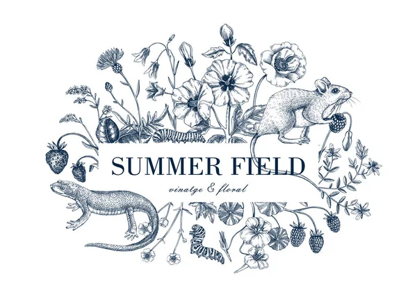 Vintage Summer Background Floral Frame Design Wildlife Sketches Wildflowers Meadows — Stock Vector