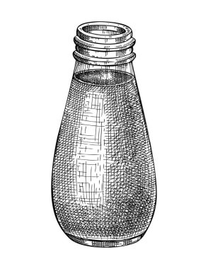 Cam şişe çiziminde fıstık sütü. Vejetaryenler için elle çizilmiş organik süt protein ürünü. Beyaz arka planda izole edilmiş sağlıklı yiyecek ve içeceklerin vektör çizimleri