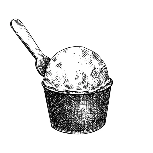 スプーンスケッチでカップに手描きのアイスクリーム 白い背景に隔離された夏のデザートベクトルイラスト ソルベット ドローイング 手描きの甘い食べ物のデザイン要素 — ストックベクタ