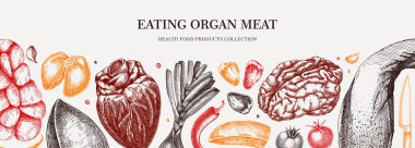 İç organ afişi. Karaciğer, kalp, kıvılcım, dil, sakatat, organ eti. Malzemeler, et ürünleri, sağlıklı yemek taslağı. Oymalı vektör besin çizimi. Katliam tasarım elementleri.