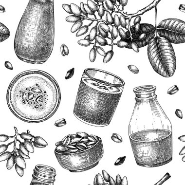 Fıstıklı süt deseni. Süt ürünleri kusursuz sonsuz arka plan tasarımı. Bitki sütü, fıstık ve ağaç dallarıyla tekrar eden baskılar. Kumaş, tekstil, ambalaj için fındık sütü vektörü taslakları