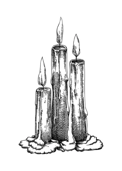Ručně Kreslená Kompozice Hořícími Svíčkami Ručně Kreslit Vosk Svíčky Izolované — Stockový vektor