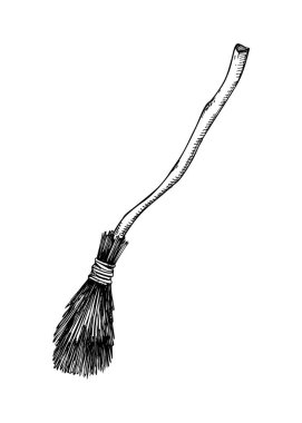 Sihirli süpürge çizimi. Beyaz arka planda izole edilmiş Cadılar Bayramı vektör illüstrasyonu. Sihirli güç, simya, büyücülük ve sihir için elle çizilmiş tasarım elementleri. Mistik dekor, 